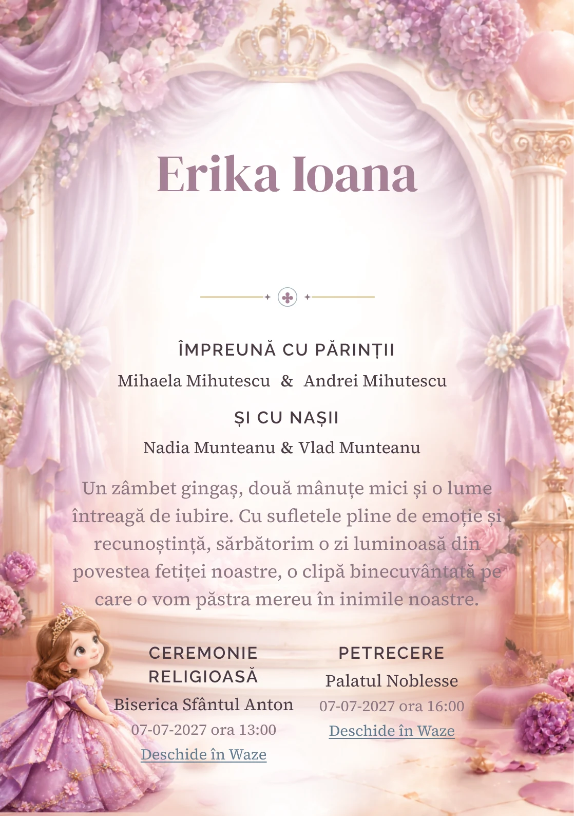 Sofia Regală, din gama de invitații botez fetiță, evidențiază Sofia Întâi într-un salon, alături de coroane miniaturale.