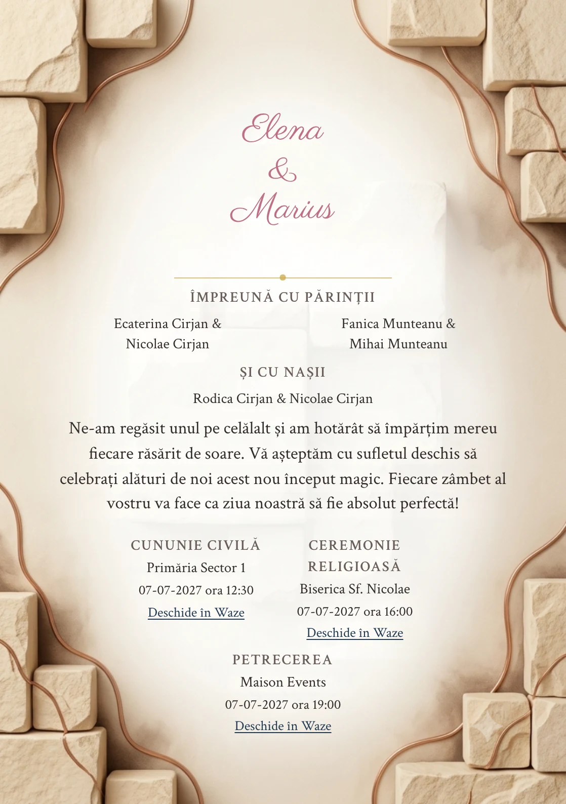 Designul Șofran Mineral, în colecția de invitații nuntă, combină blocuri de piatră șofran pal cu o cromatică de bej șofran pal, alb os și brun espresso diluat.