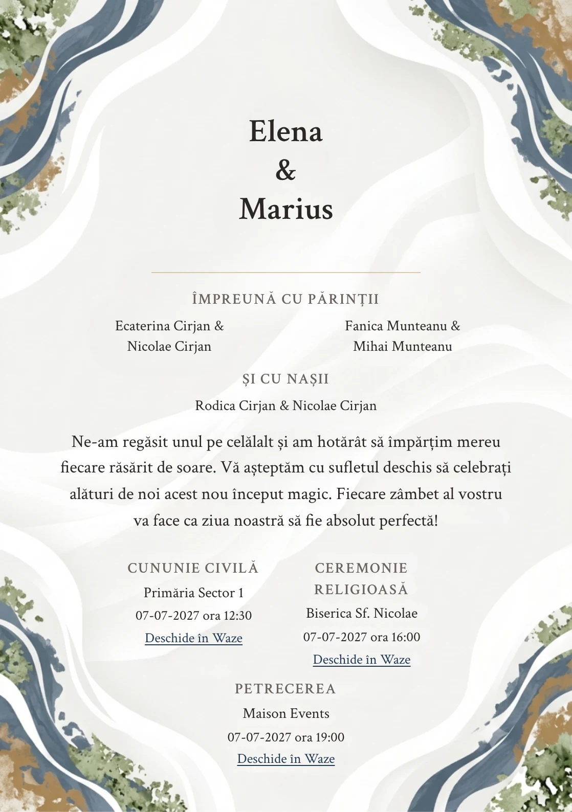 Imaginea Spațiu în Valuri, pentru invitații de nuntă, este definită de două valuri albe decupate optic și tonuri de alb calcar, albastru ardezie și caramel pal.