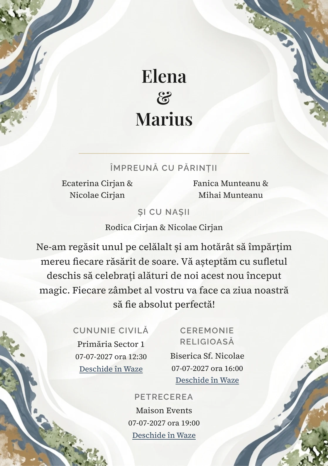 Imaginea Spațiu în Valuri, pentru invitații de nuntă, este definită de două valuri albe decupate optic și tonuri de alb calcar, albastru ardezie și caramel pal.