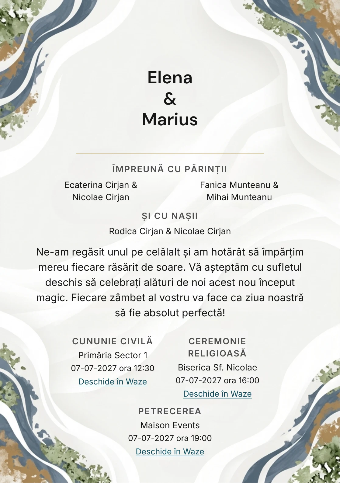 Imaginea Spațiu în Valuri, pentru invitații de nuntă, este definită de două valuri albe decupate optic și tonuri de alb calcar, albastru ardezie și caramel pal.