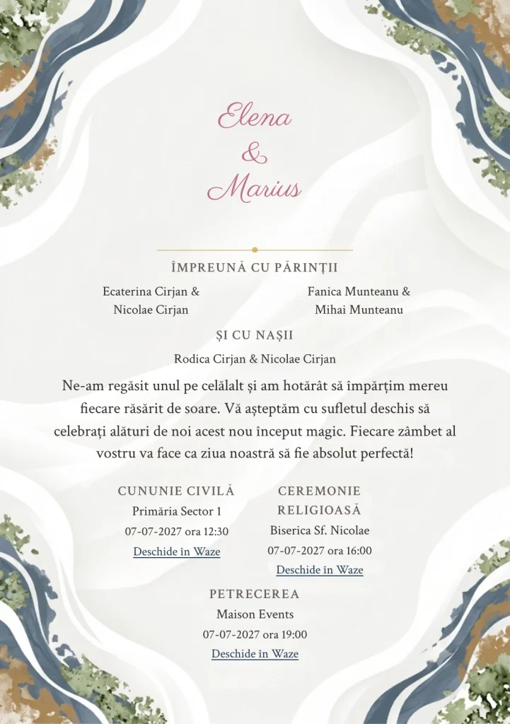 Imaginea Spațiu în Valuri, pentru invitații de nuntă, este definită de două valuri albe decupate optic și tonuri de alb calcar, albastru ardezie și caramel pal.