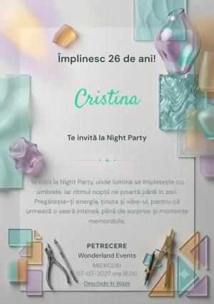 Pentru aniversarea adulților, modelul Sticlă Colorată propune o invitație digitală cu forme din sticlă și reflexii moi și nuanțe de aqua și chihlimbar pal.