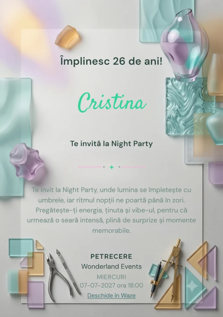 Pentru aniversarea adulților, modelul Sticlă Colorată propune o invitație digitală cu forme din sticlă și reflexii moi și nuanțe de aqua și chihlimbar pal.