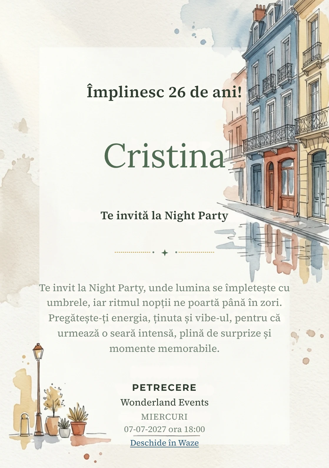 Străzi în Acuarelă este un model de invitații online de zi de naștere, definit vizual de fațade și reflexii discrete.