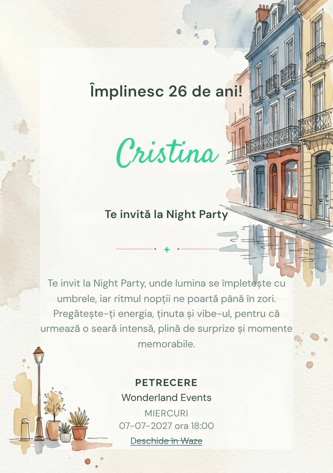Străzi în Acuarelă este un model de invitații online de zi de naștere, definit vizual de fațade și reflexii discrete.
