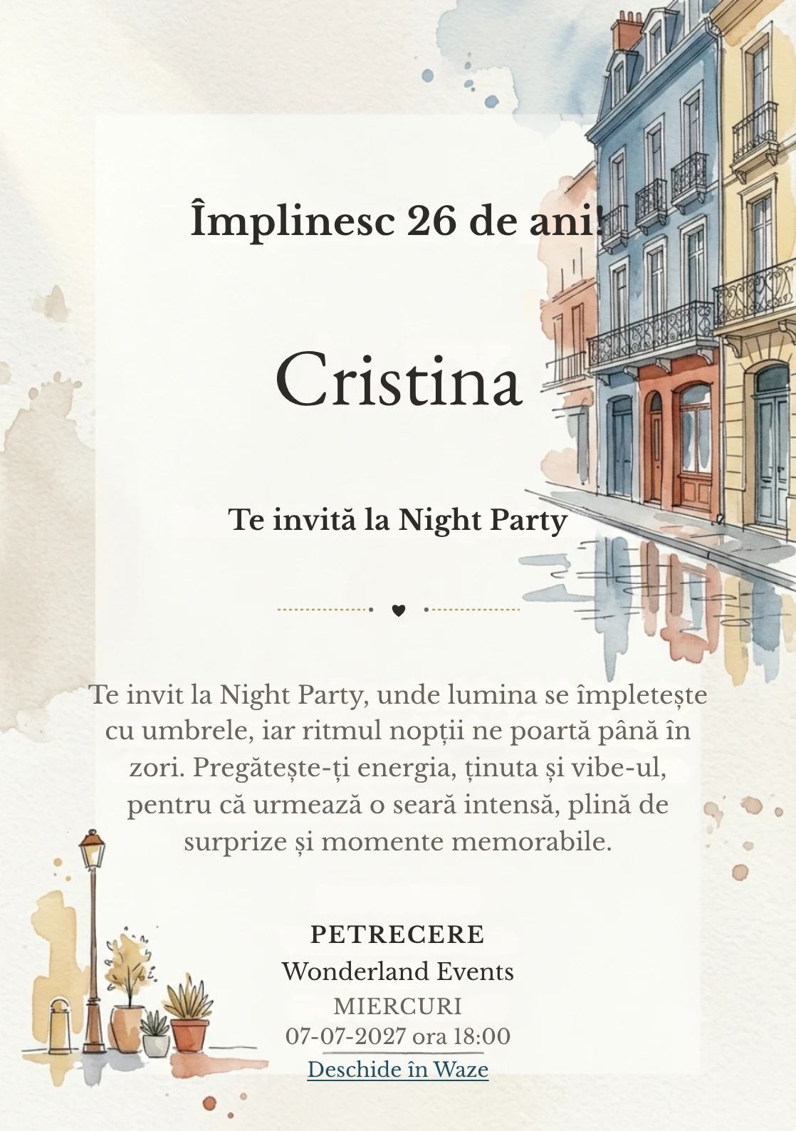Străzi în Acuarelă este un model de invitații online de zi de naștere, definit vizual de fațade și reflexii discrete.