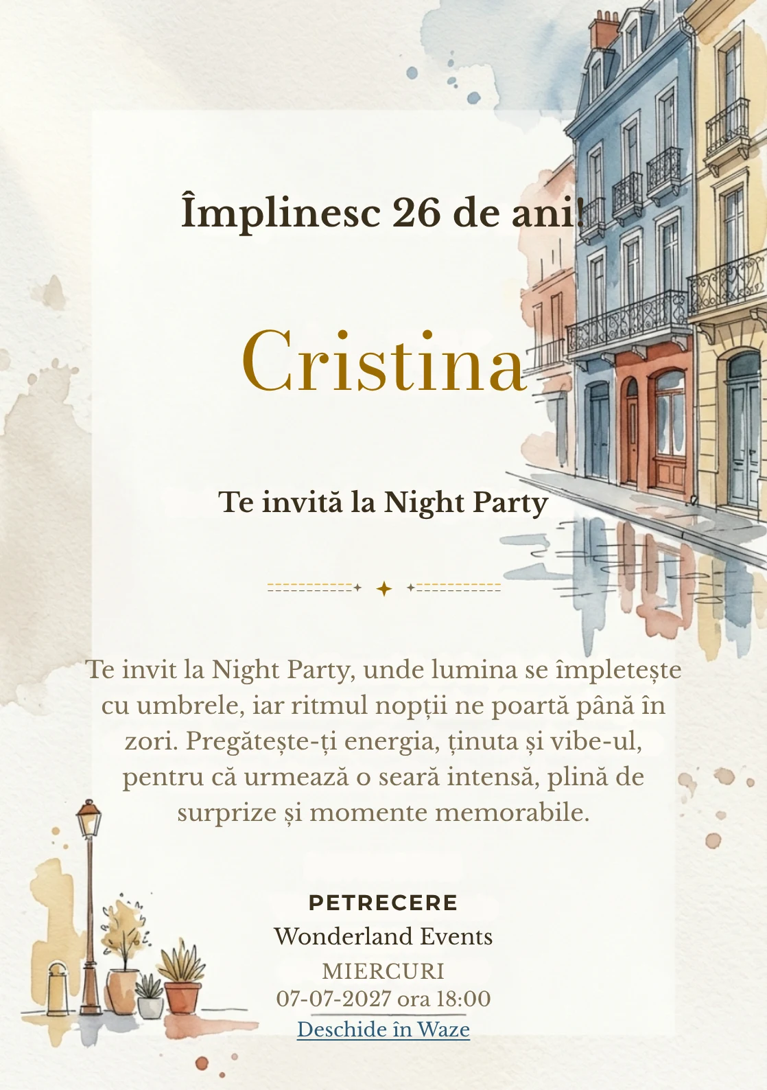 Străzi în Acuarelă este un model de invitații online de zi de naștere, definit vizual de fațade și reflexii discrete.