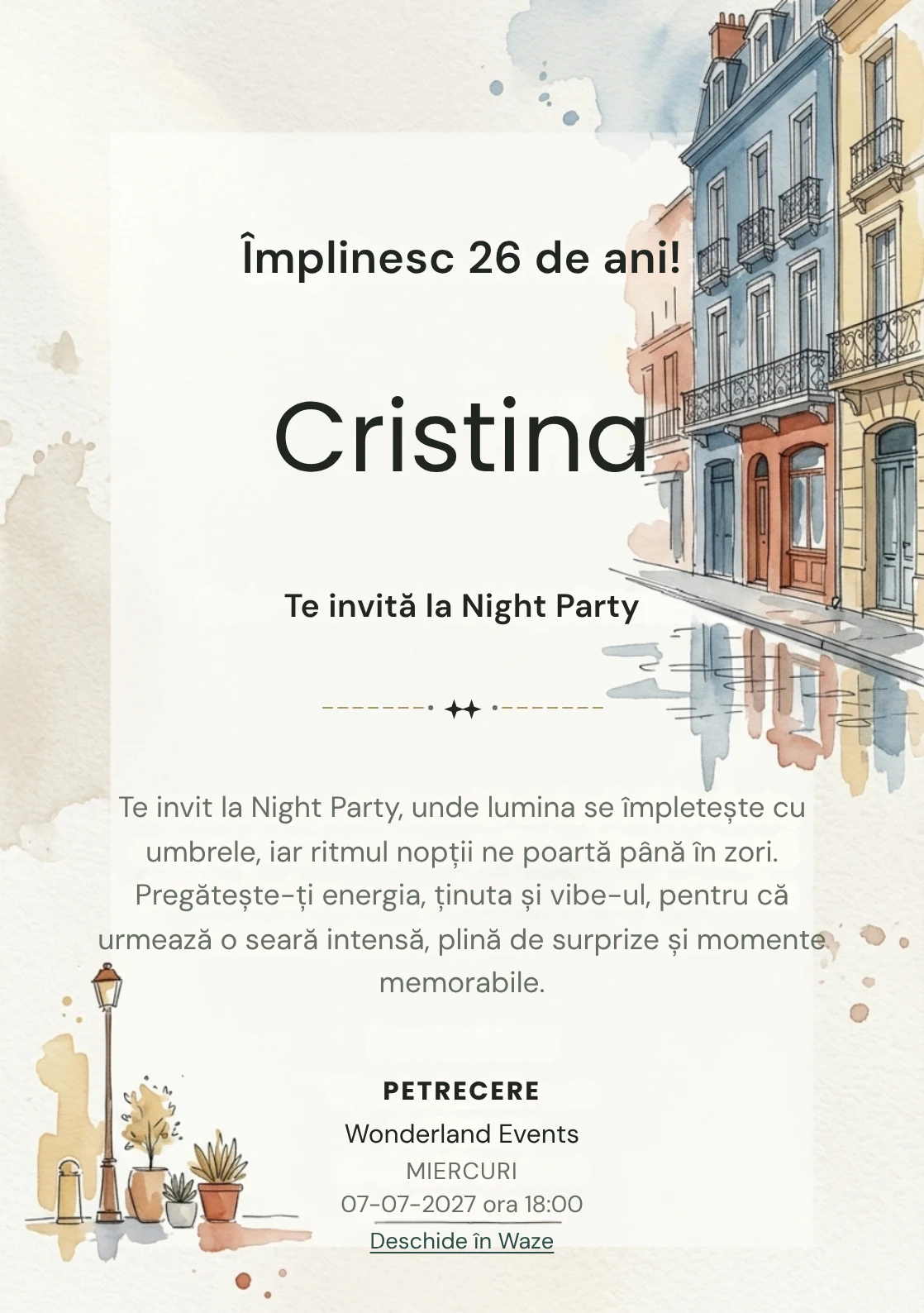 Străzi în Acuarelă este un model de invitații online de zi de naștere, definit vizual de fațade și reflexii discrete.