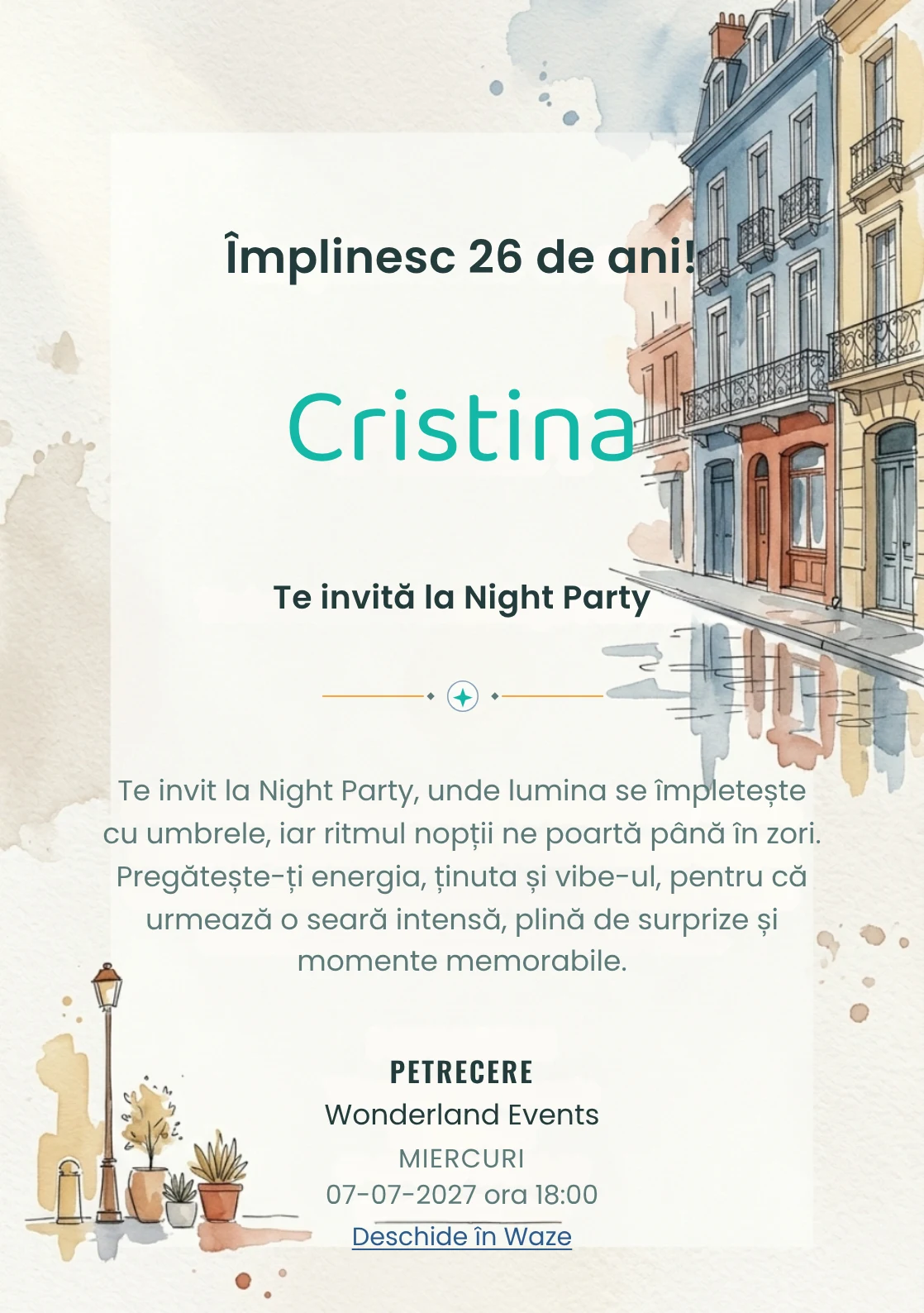 Străzi în Acuarelă este un model de invitații online de zi de naștere, definit vizual de fațade și reflexii discrete.