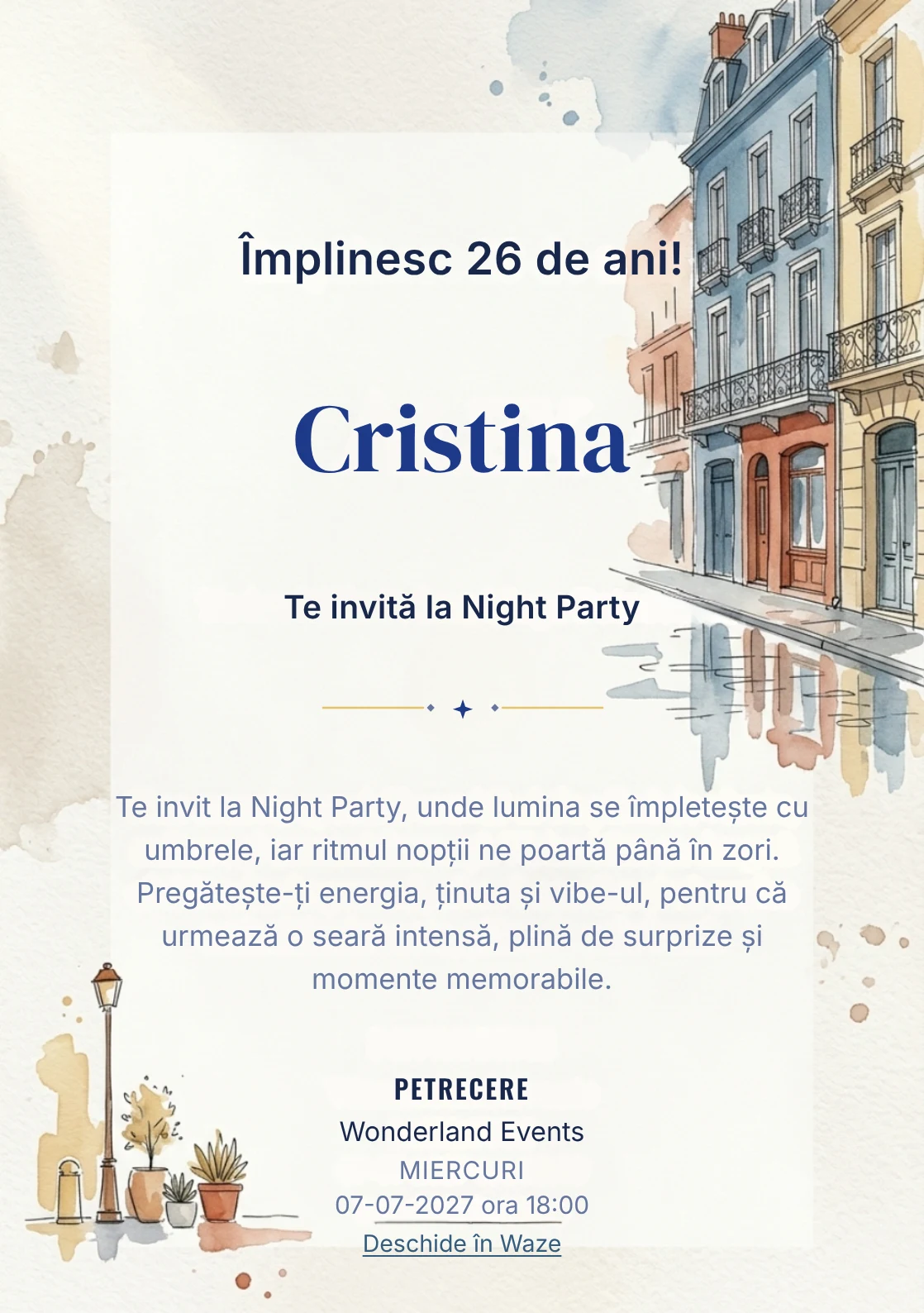 Străzi în Acuarelă este un model de invitații online de zi de naștere, definit vizual de fațade și reflexii discrete.
