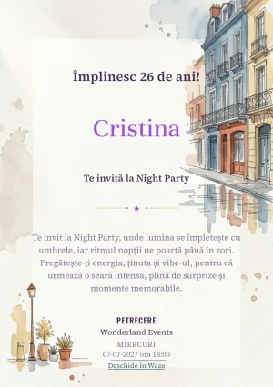 Străzi în Acuarelă este un model de invitații online de zi de naștere, definit vizual de fațade și reflexii discrete.