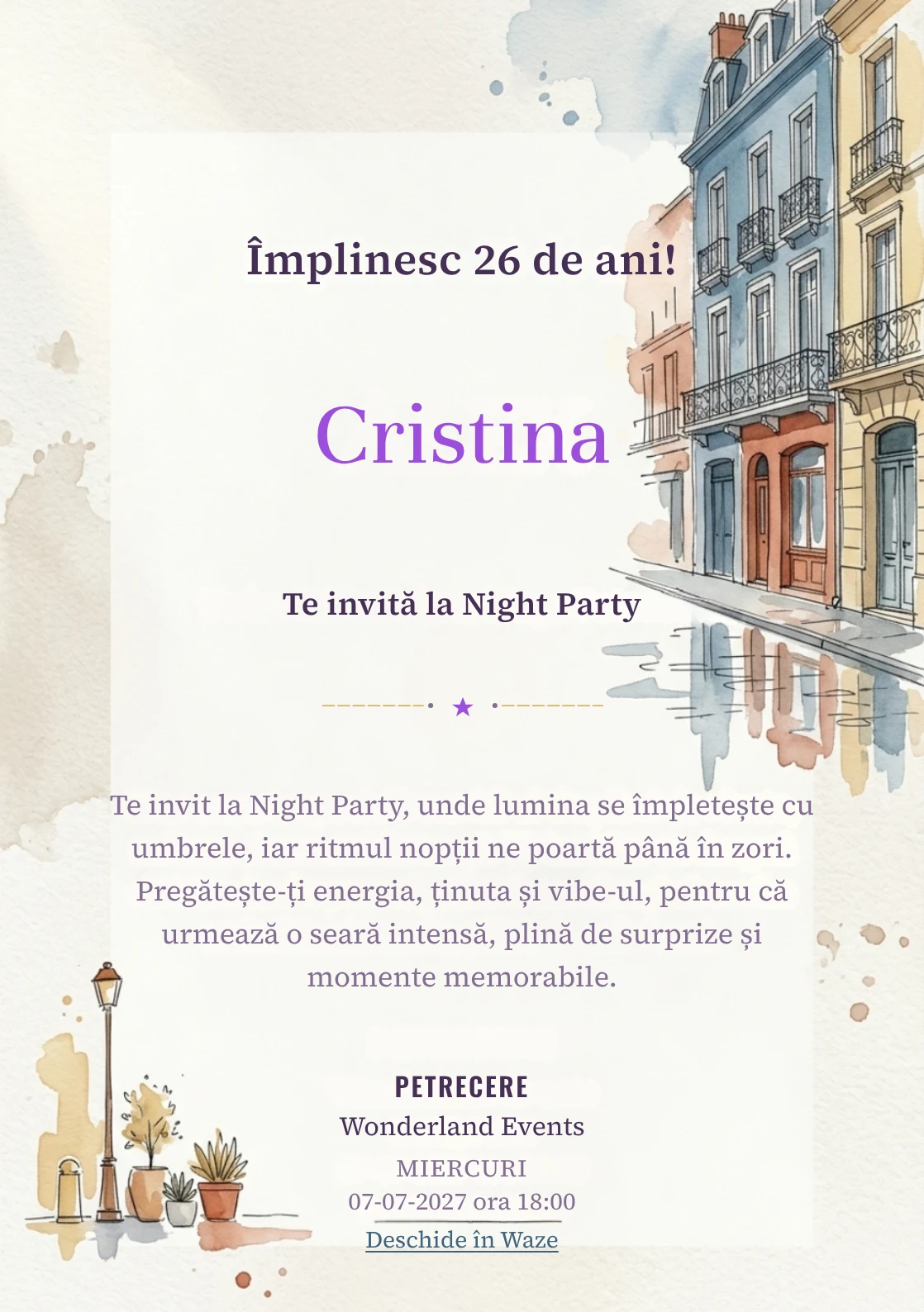 Străzi în Acuarelă este un model de invitații online de zi de naștere, definit vizual de fațade și reflexii discrete.