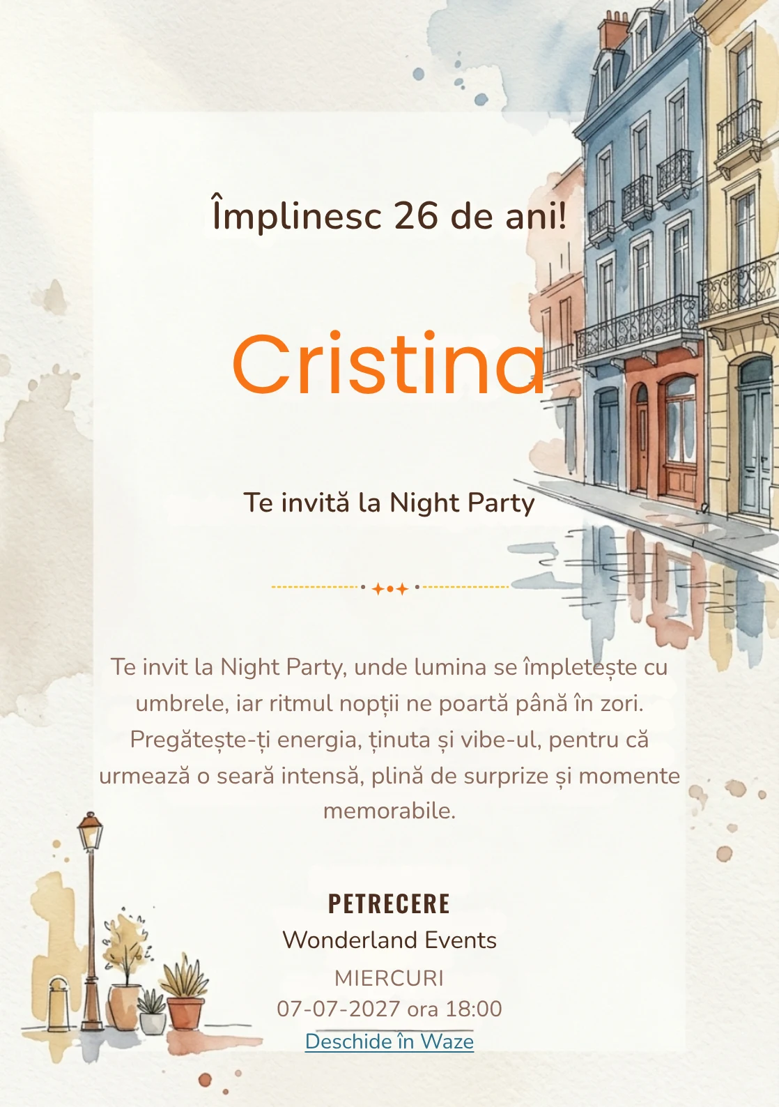 Străzi în Acuarelă este un model de invitații online de zi de naștere, definit vizual de fațade și reflexii discrete.