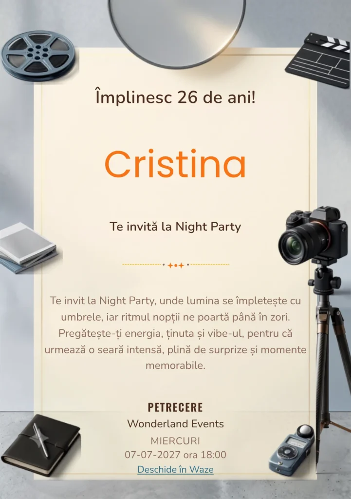 Modelul Studio de Fotografie, invitație digitală pentru ziua de naștere a adulților, pune în valoare un aparat foto și trepied.