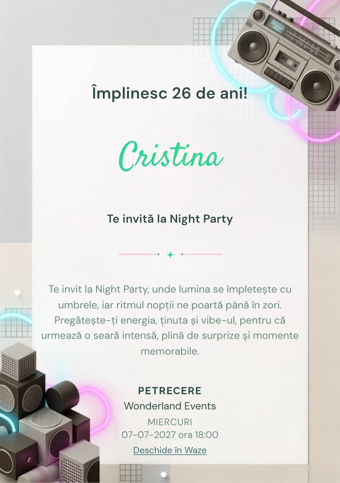 Studio Eighties este un model de invitații digitale de zi de naștere, definit vizual de un casetofon și forme neon diluate.