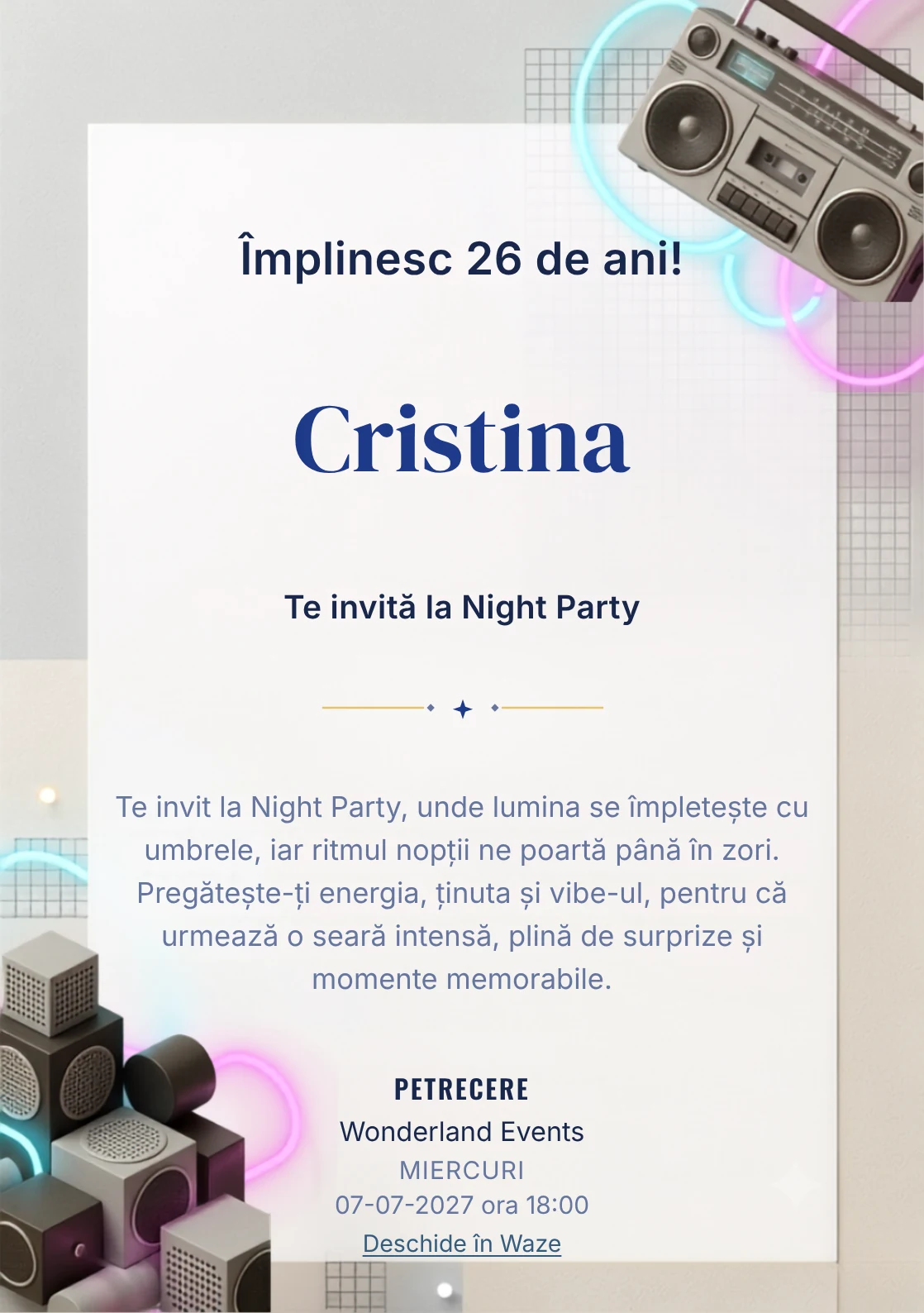 Studio Eighties este un model de invitații digitale de zi de naștere, definit vizual de un casetofon și forme neon diluate.