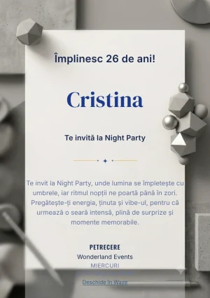 Studio Monocrom este un model de invitații online pentru o aniversare adultă, definit vizual de un obiect geometric mat.