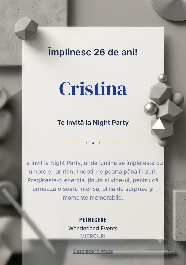 Studio Monocrom este un model de invitații online pentru o aniversare adultă, definit vizual de un obiect geometric mat.