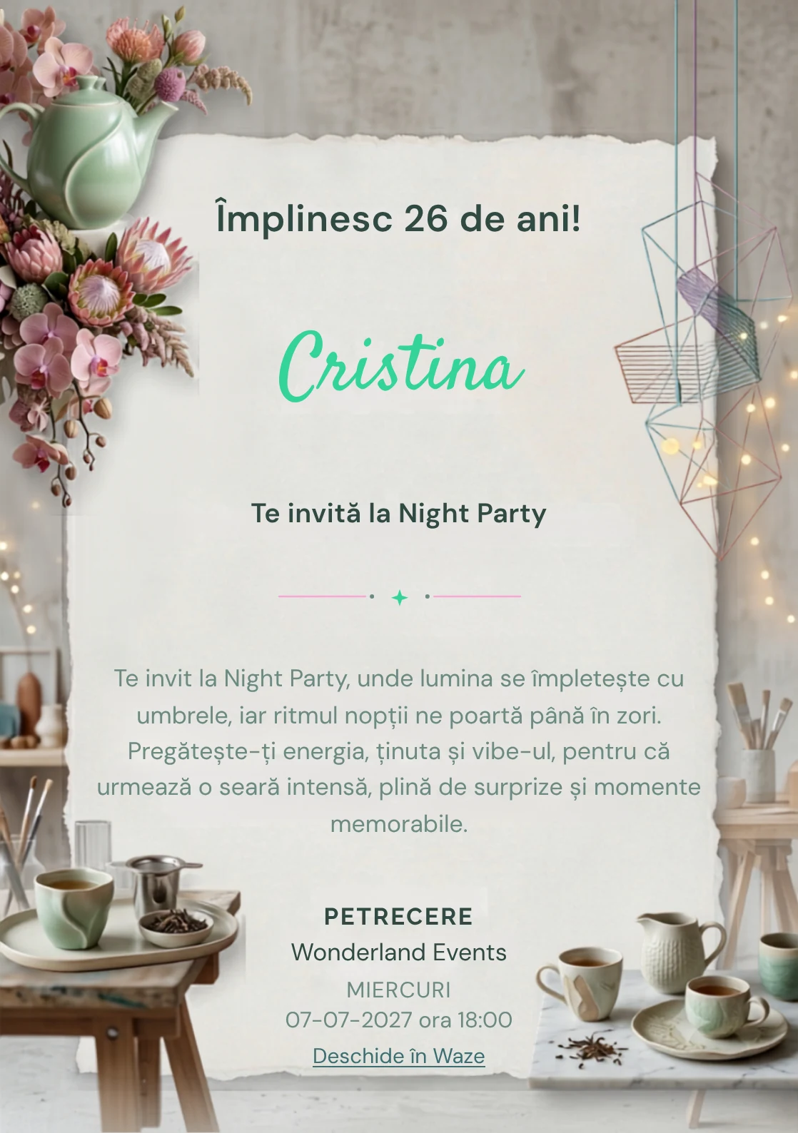 Pentru aniversările adulților, Tea Party Contemporan propune invitații digitale cu un ceainic sculptural și flori rare și nuanțe de verde jad pal și roz ceai.