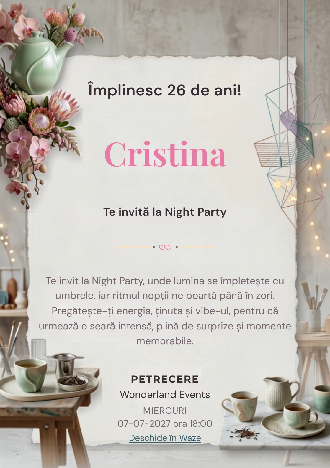 Pentru aniversările adulților, Tea Party Contemporan propune invitații digitale cu un ceainic sculptural și flori rare și nuanțe de verde jad pal și roz ceai.
