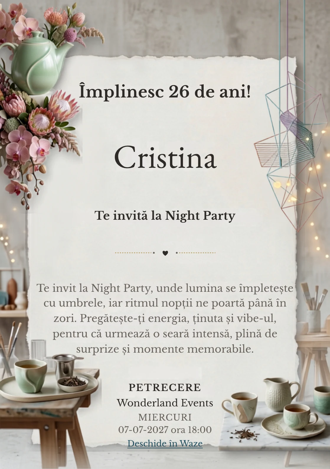 Pentru aniversările adulților, Tea Party Contemporan propune invitații digitale cu un ceainic sculptural și flori rare și nuanțe de verde jad pal și roz ceai.
