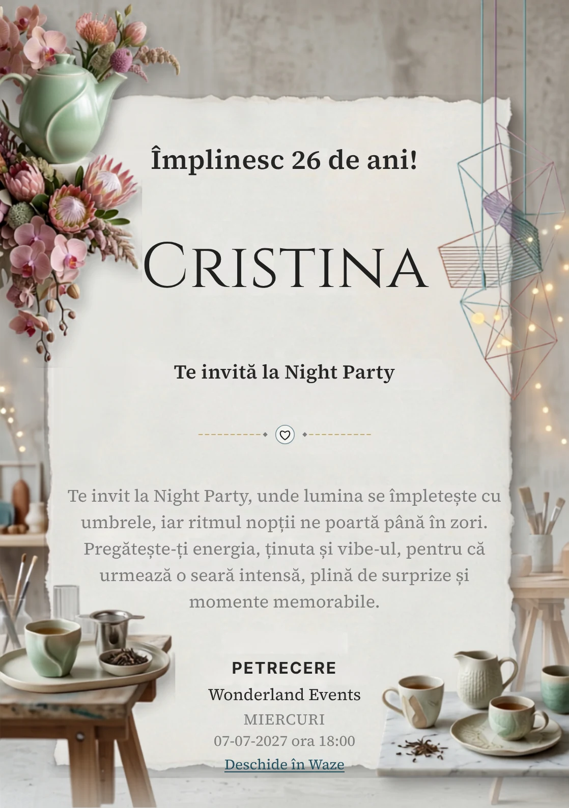 Pentru aniversările adulților, Tea Party Contemporan propune invitații digitale cu un ceainic sculptural și flori rare și nuanțe de verde jad pal și roz ceai.