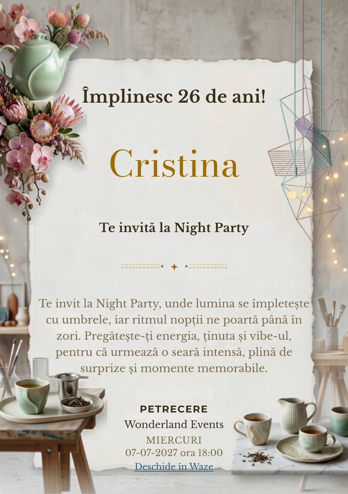 Pentru aniversările adulților, Tea Party Contemporan propune invitații digitale cu un ceainic sculptural și flori rare și nuanțe de verde jad pal și roz ceai.