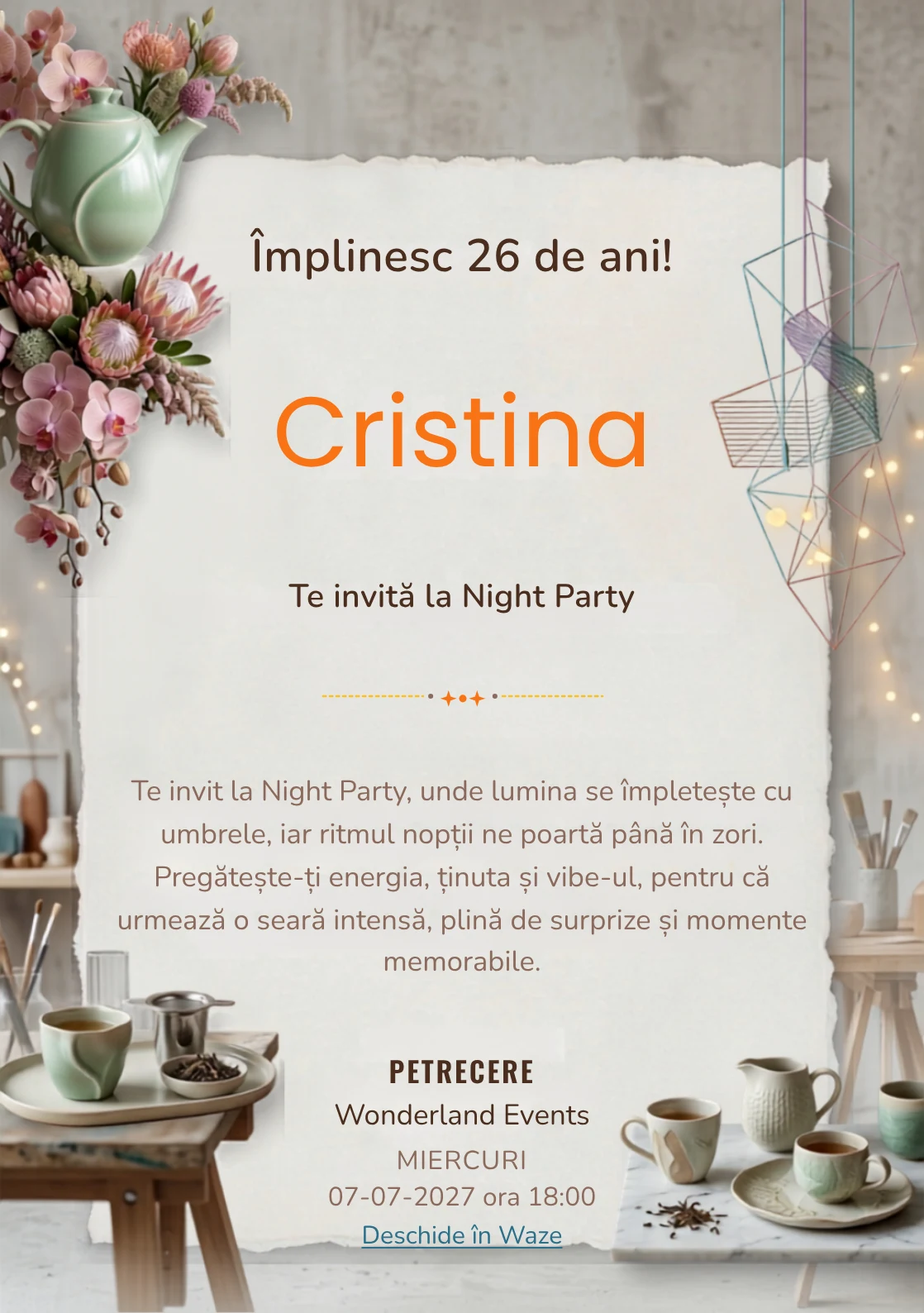 Pentru aniversările adulților, Tea Party Contemporan propune invitații digitale cu un ceainic sculptural și flori rare și nuanțe de verde jad pal și roz ceai.