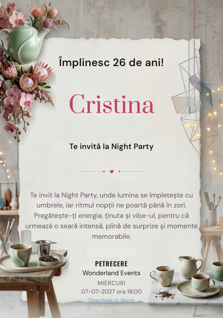 Pentru aniversările adulților, Tea Party Contemporan propune invitații digitale cu un ceainic sculptural și flori rare și nuanțe de verde jad pal și roz ceai.