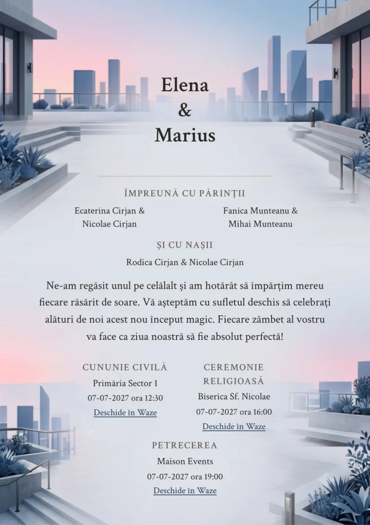 Terasa Amurgului, în colecția de invitații nuntă, are ca reper vizual terasă urbană minimalistă, în nuanțe de gri rooftop, roz apus rece și albastru urban.