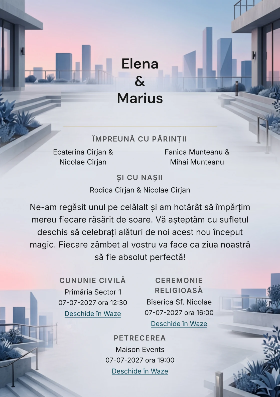 Terasa Amurgului, în colecția de invitații nuntă, are ca reper vizual terasă urbană minimalistă, în nuanțe de gri rooftop, roz apus rece și albastru urban.