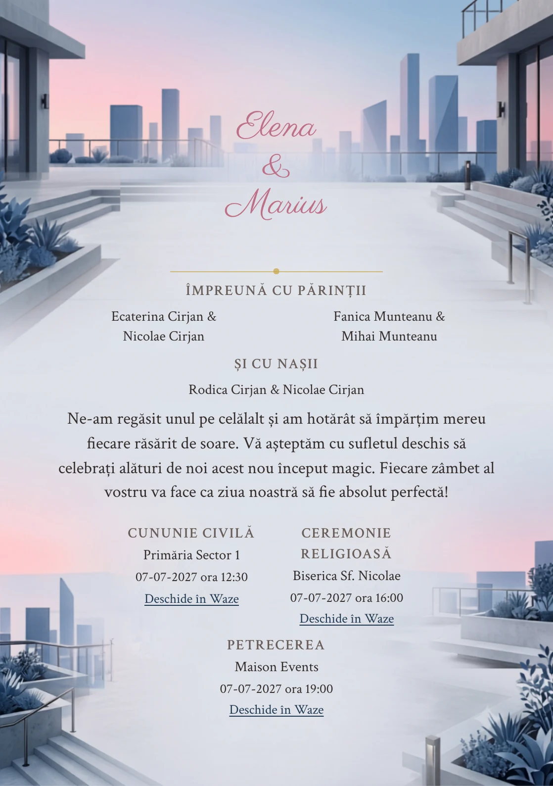 Terasa Amurgului, în colecția de invitații nuntă, are ca reper vizual terasă urbană minimalistă, în nuanțe de gri rooftop, roz apus rece și albastru urban.