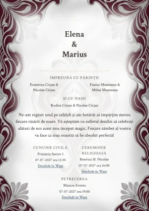Țesătură de Gală, pentru o invitație de nuntă, pune accent pe textură jacquard supradimensionată, alături de tonuri de gri jacquard, alb mătase și burgundy rece.