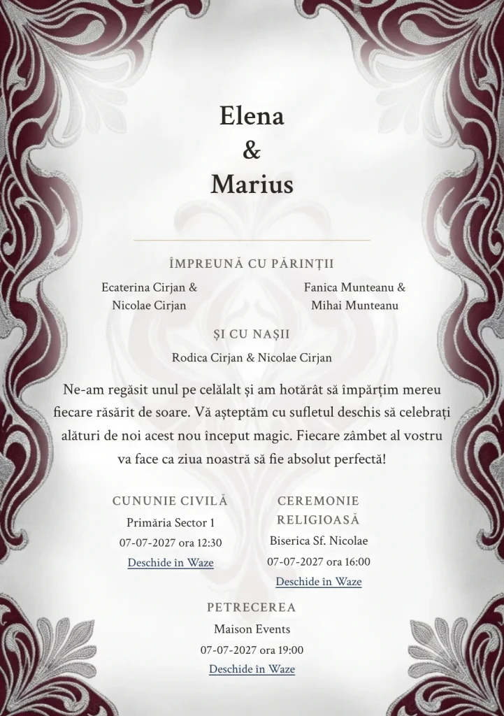 Țesătură de Gală, pentru o invitație de nuntă, pune accent pe textură jacquard supradimensionată, alături de tonuri de gri jacquard, alb mătase și burgundy rece.