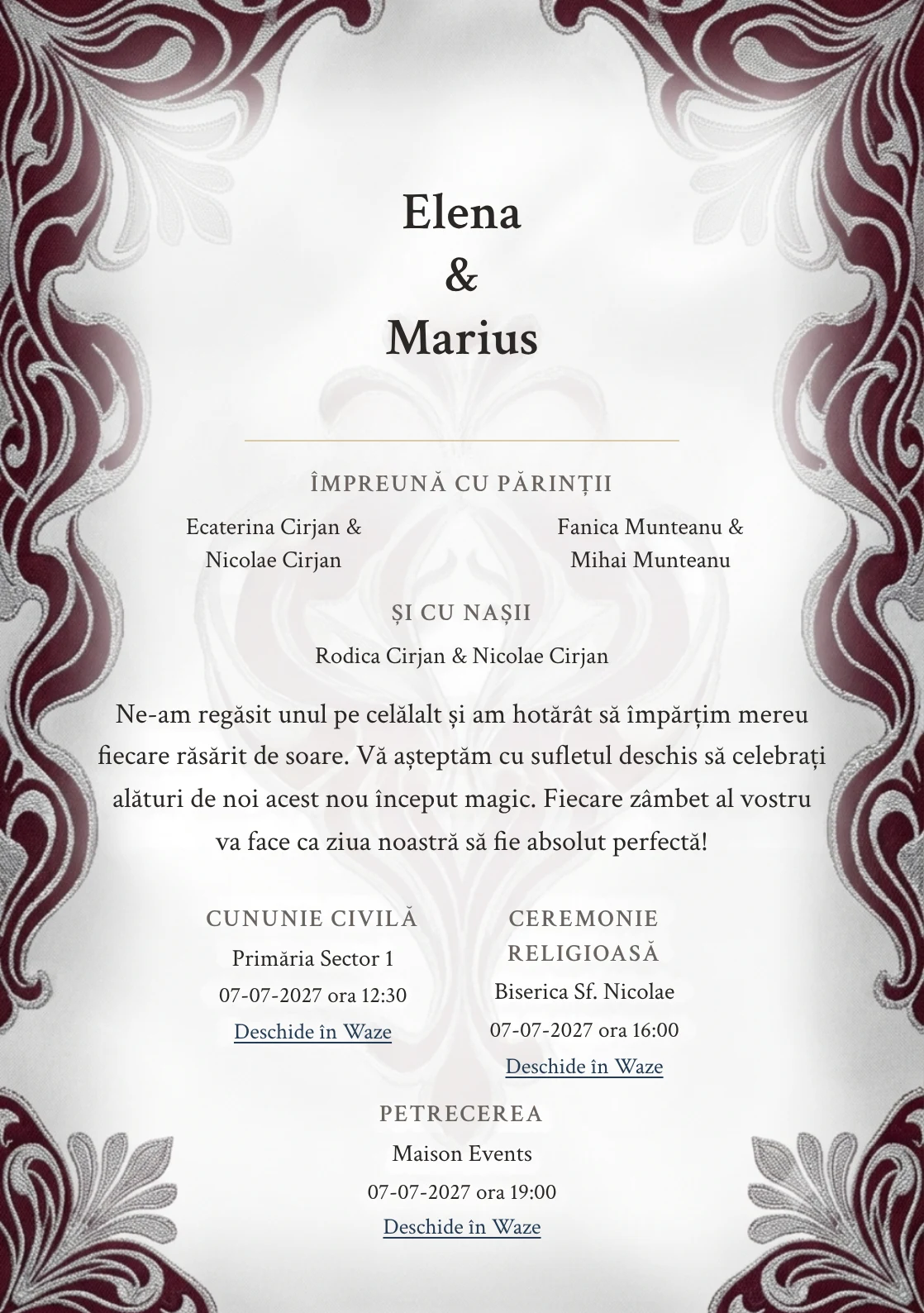 Țesătură de Gală, pentru o invitație de nuntă, pune accent pe textură jacquard supradimensionată, alături de tonuri de gri jacquard, alb mătase și burgundy rece.