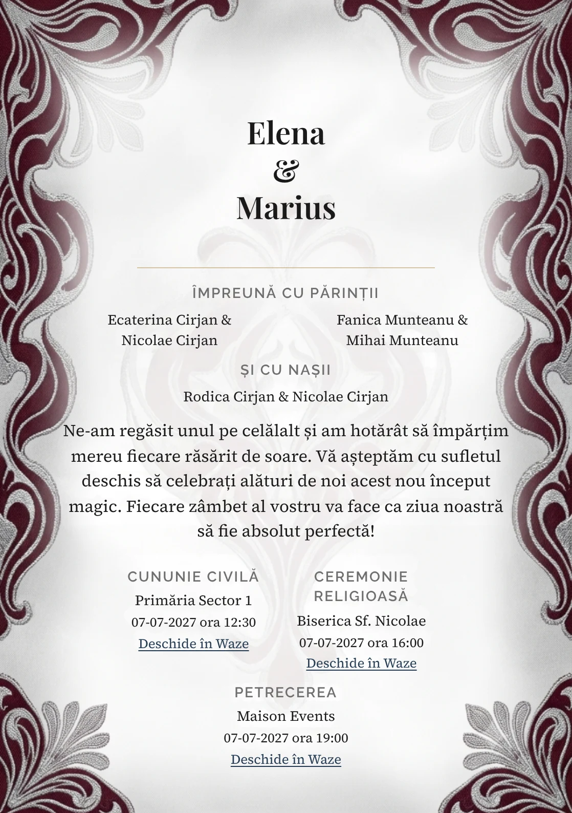 Țesătură de Gală, pentru o invitație de nuntă, pune accent pe textură jacquard supradimensionată, alături de tonuri de gri jacquard, alb mătase și burgundy rece.