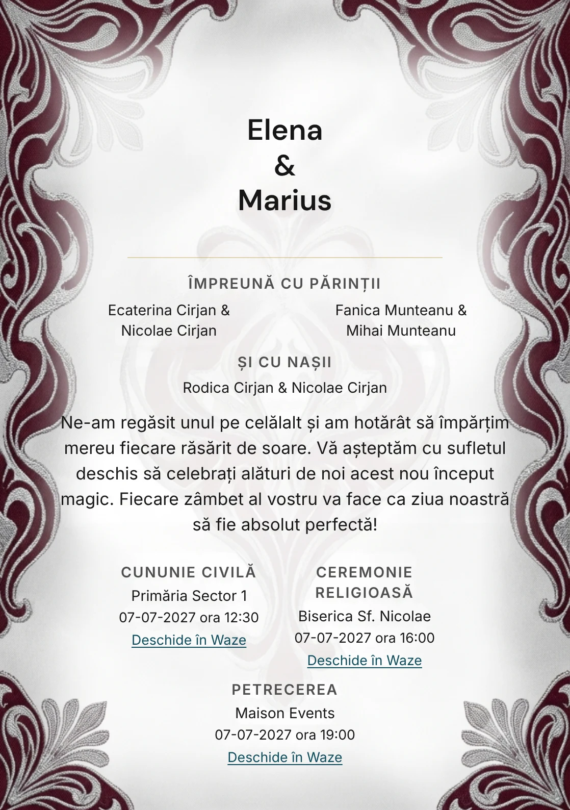 Țesătură de Gală, pentru o invitație de nuntă, pune accent pe textură jacquard supradimensionată, alături de tonuri de gri jacquard, alb mătase și burgundy rece.