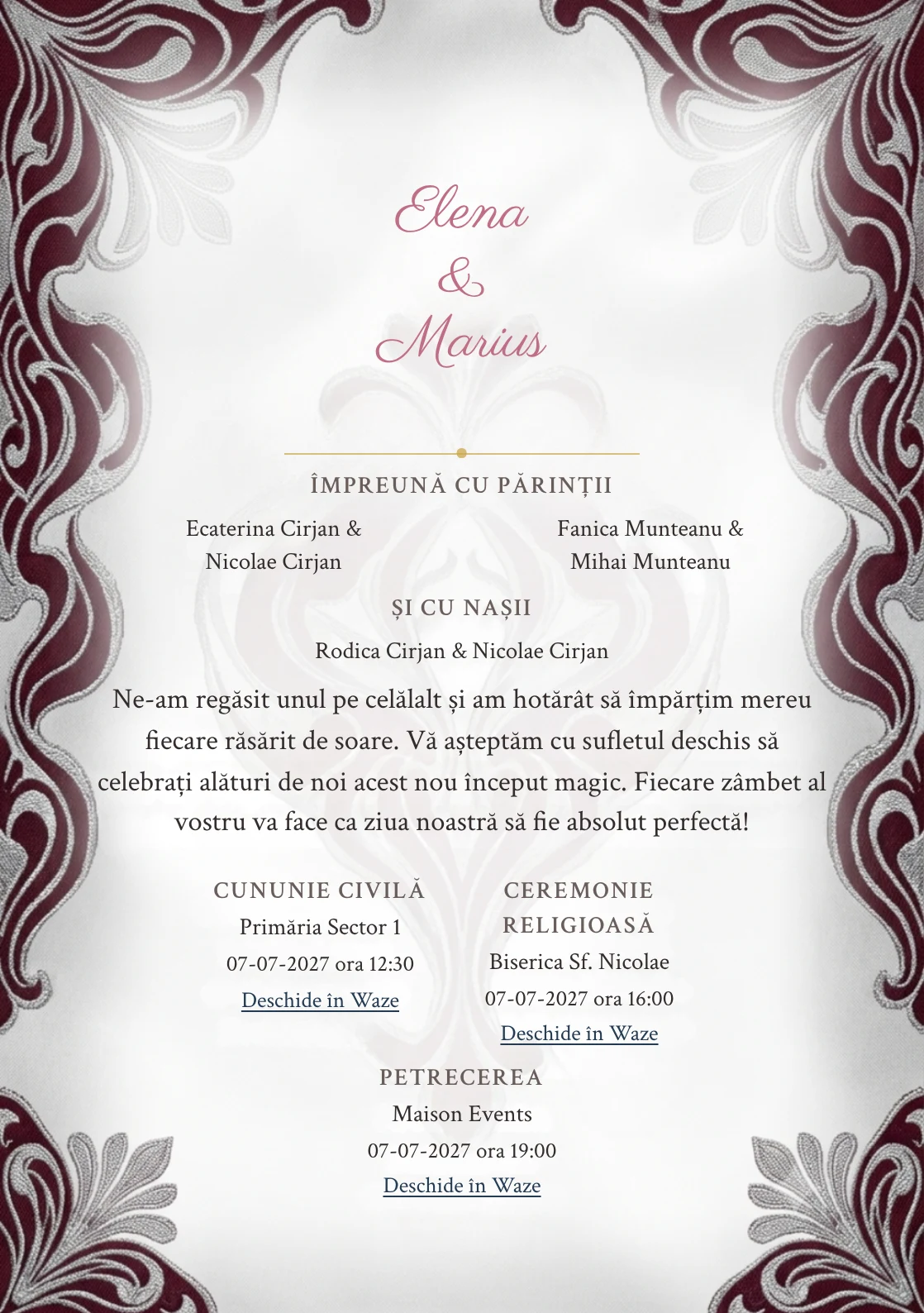 Țesătură de Gală, pentru o invitație de nuntă, pune accent pe textură jacquard supradimensionată, alături de tonuri de gri jacquard, alb mătase și burgundy rece.