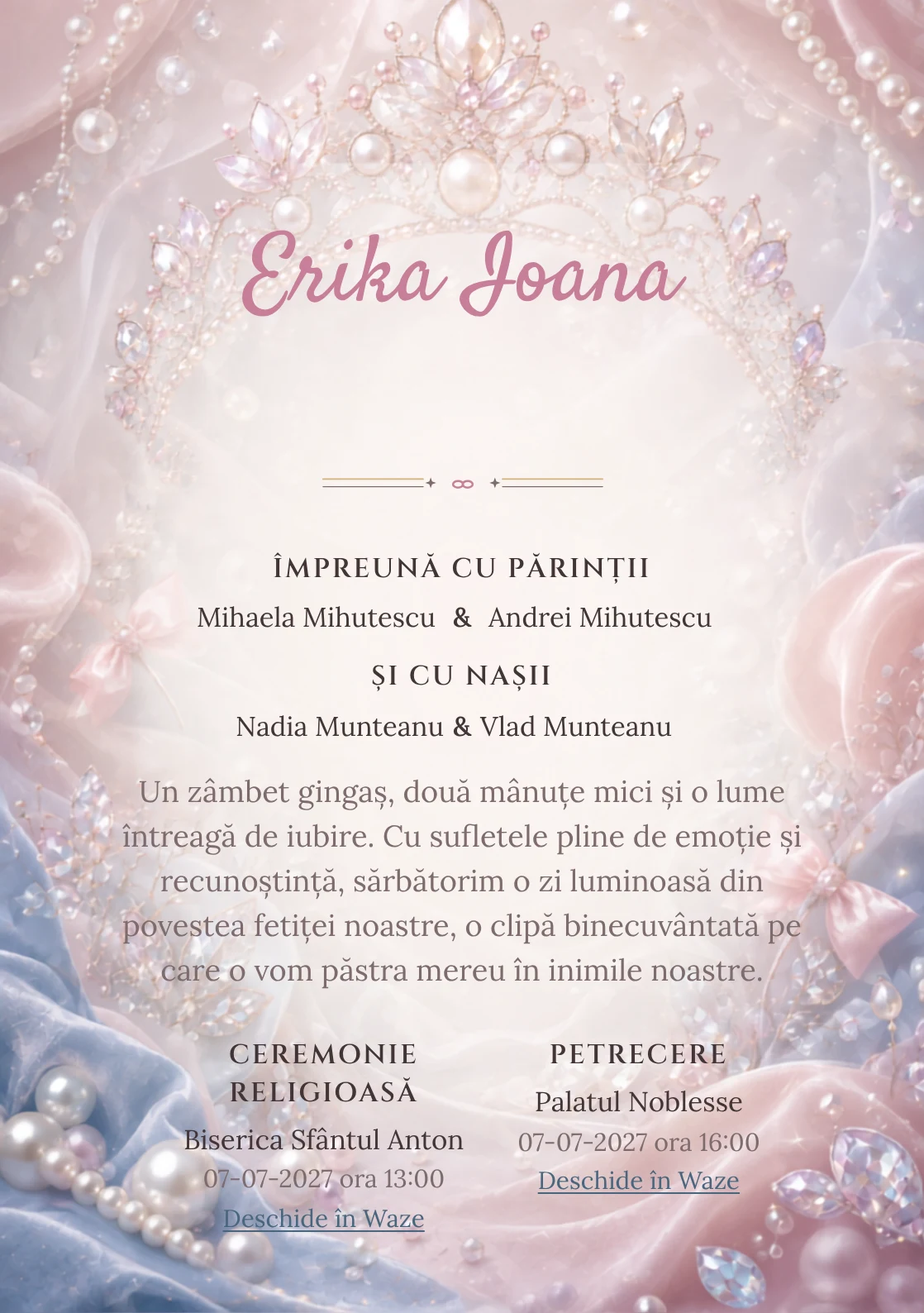 Designul Tiară de Perle, pentru o invitație de botez, reunește o tiară amplă construită cu fundă mică.