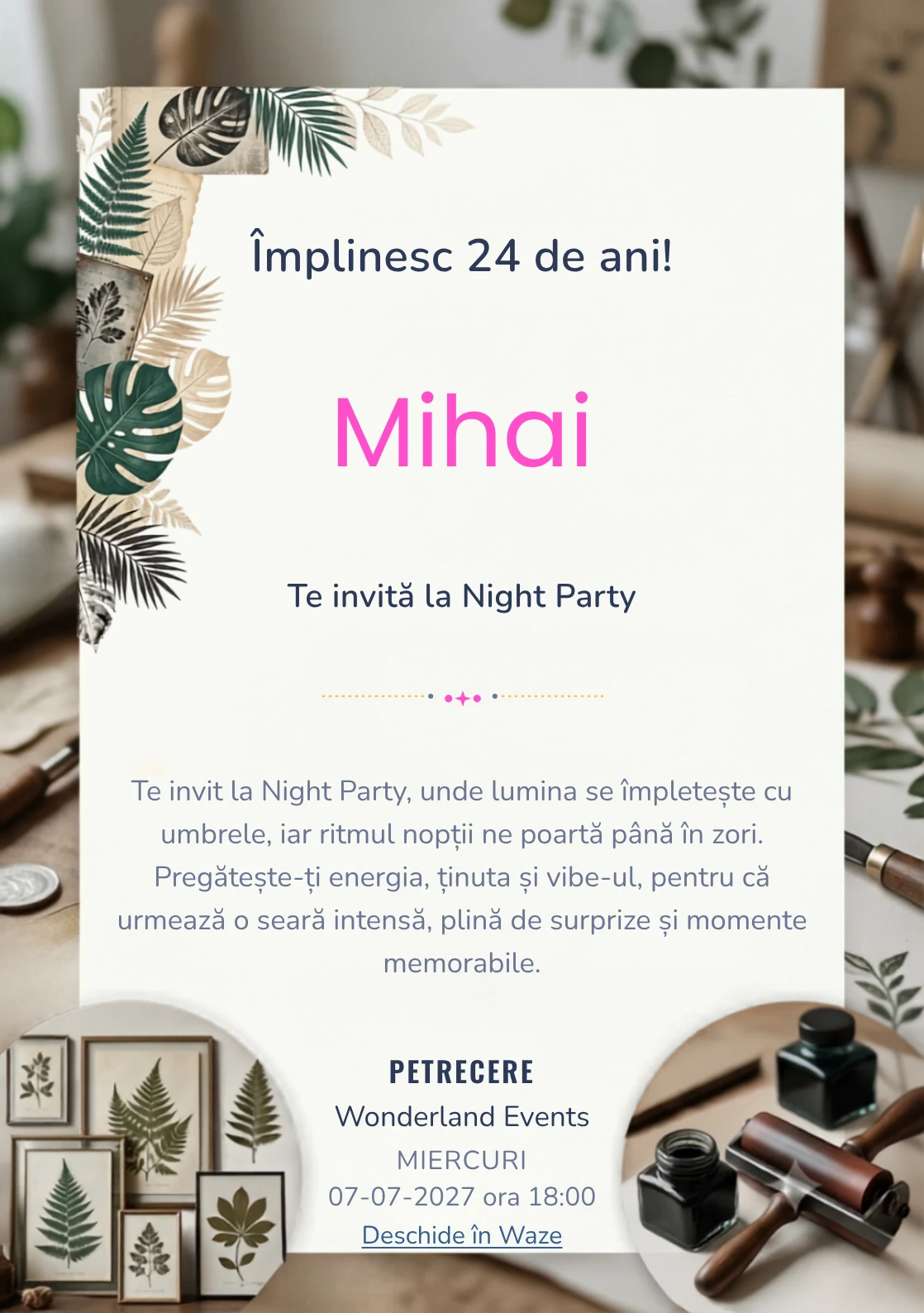 Tipar Botanic este un model de invitații digitale pentru o aniversare adultă, definit vizual de frunze stilizate și texturi de presă.