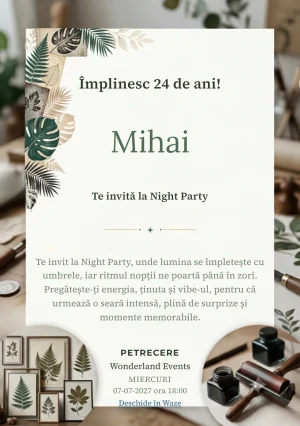 Tipar Botanic este un model de invitații digitale pentru o aniversare adultă, definit vizual de frunze stilizate și texturi de presă.