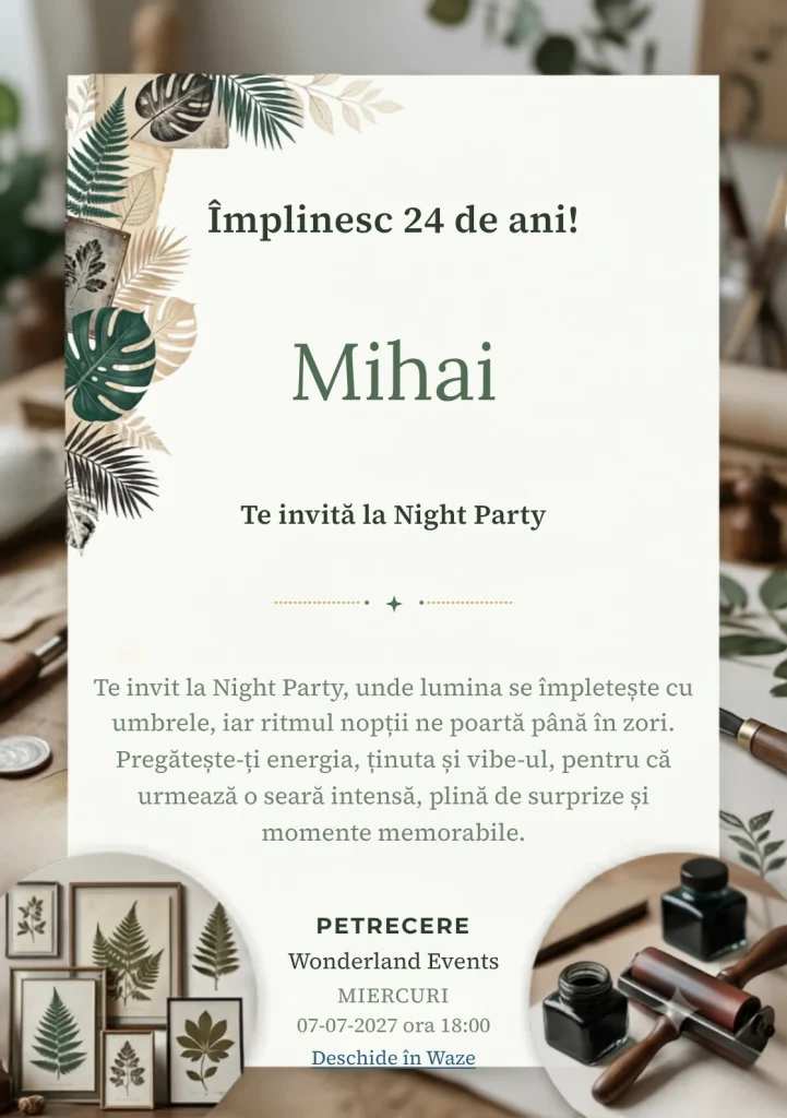 Tipar Botanic este un model de invitații digitale pentru o aniversare adultă, definit vizual de frunze stilizate și texturi de presă.