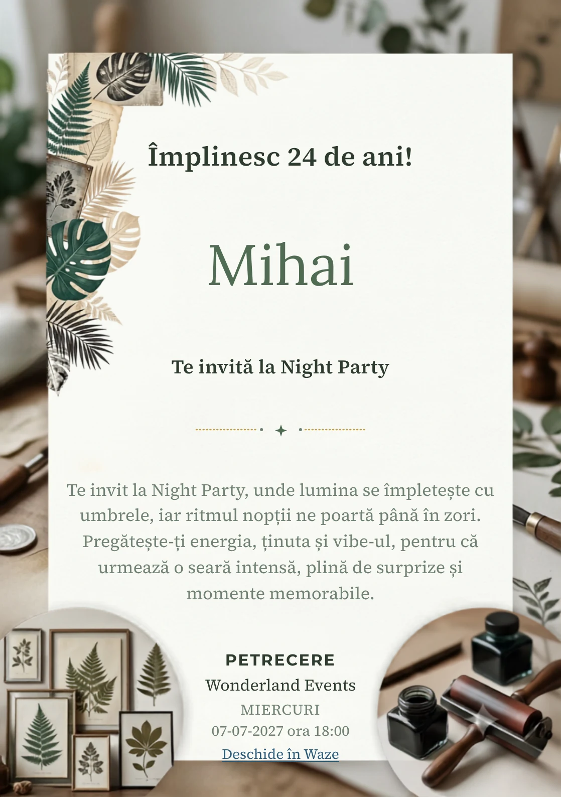 Tipar Botanic este un model de invitații digitale pentru o aniversare adultă, definit vizual de frunze stilizate și texturi de presă.