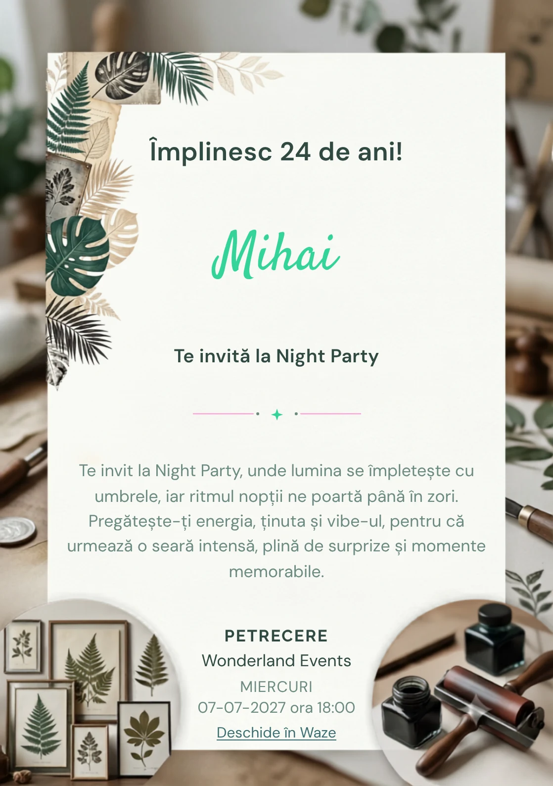 Tipar Botanic este un model de invitații digitale pentru o aniversare adultă, definit vizual de frunze stilizate și texturi de presă.
