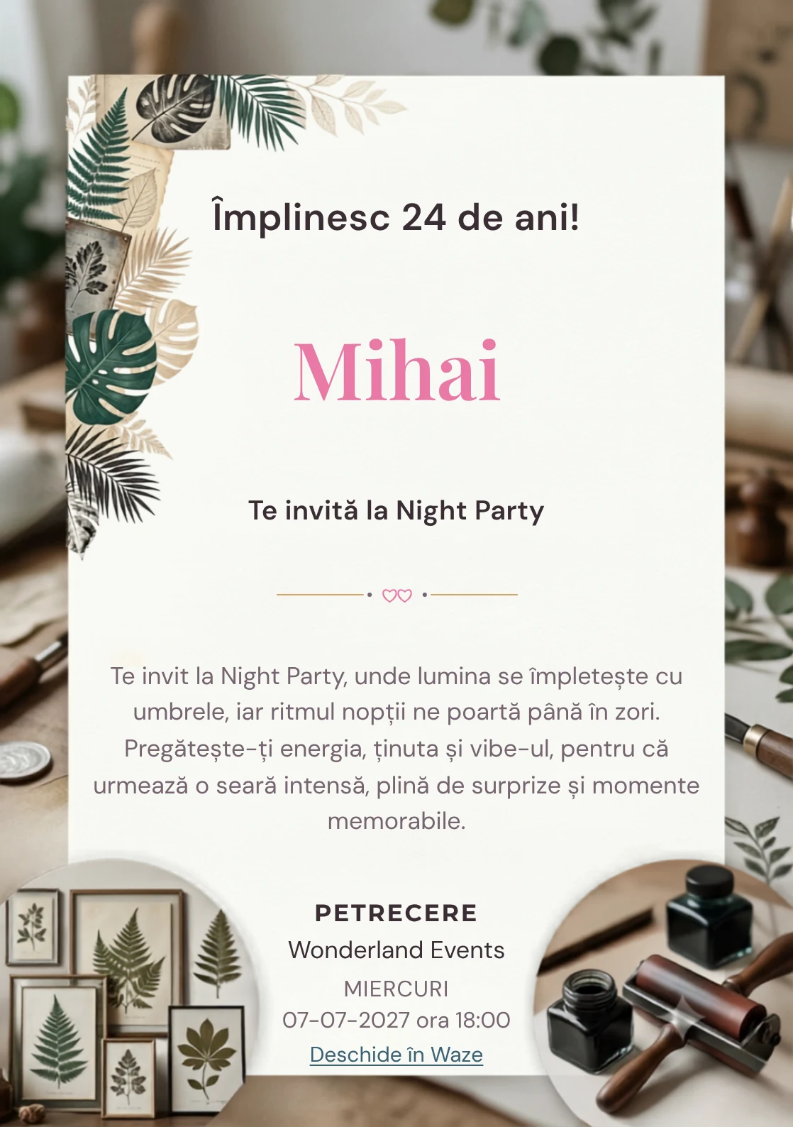 Tipar Botanic este un model de invitații digitale pentru o aniversare adultă, definit vizual de frunze stilizate și texturi de presă.