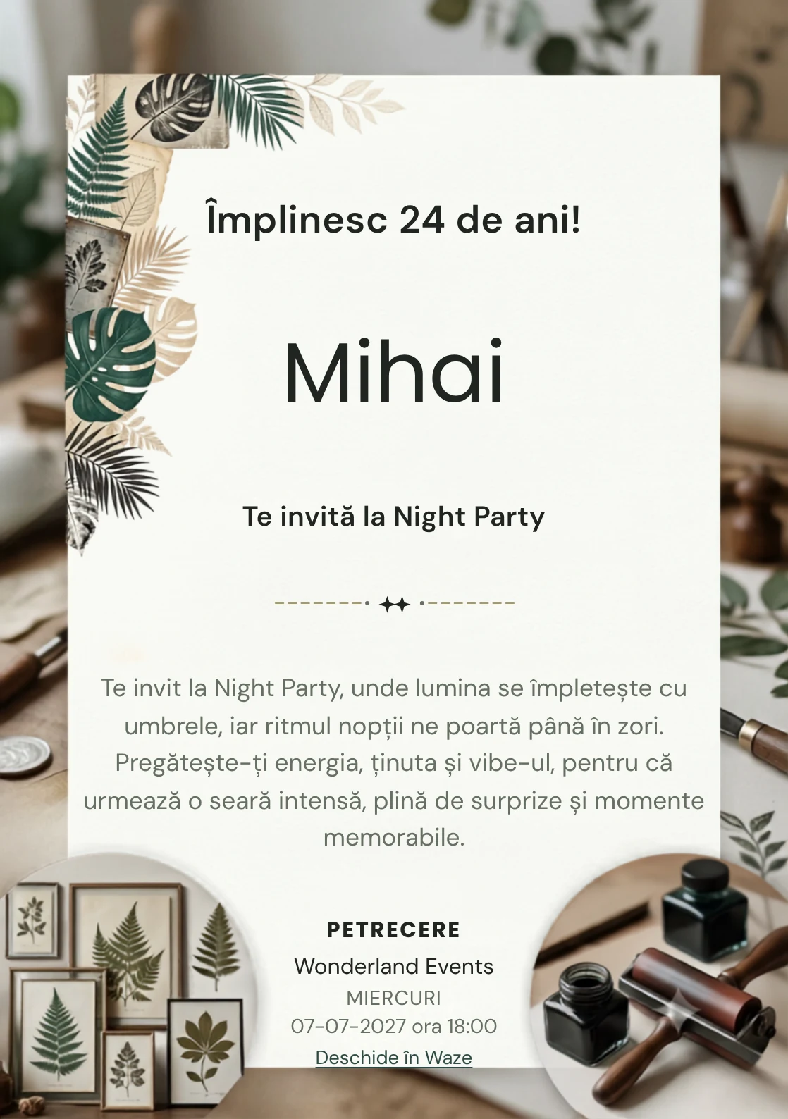 Tipar Botanic este un model de invitații digitale pentru o aniversare adultă, definit vizual de frunze stilizate și texturi de presă.