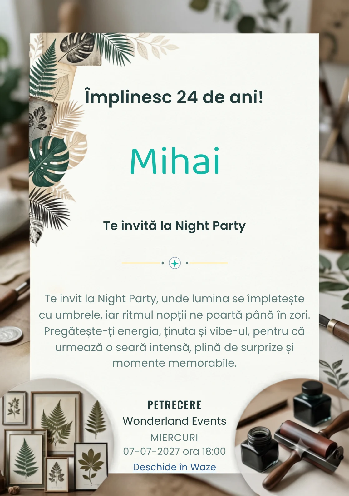 Tipar Botanic este un model de invitații digitale pentru o aniversare adultă, definit vizual de frunze stilizate și texturi de presă.
