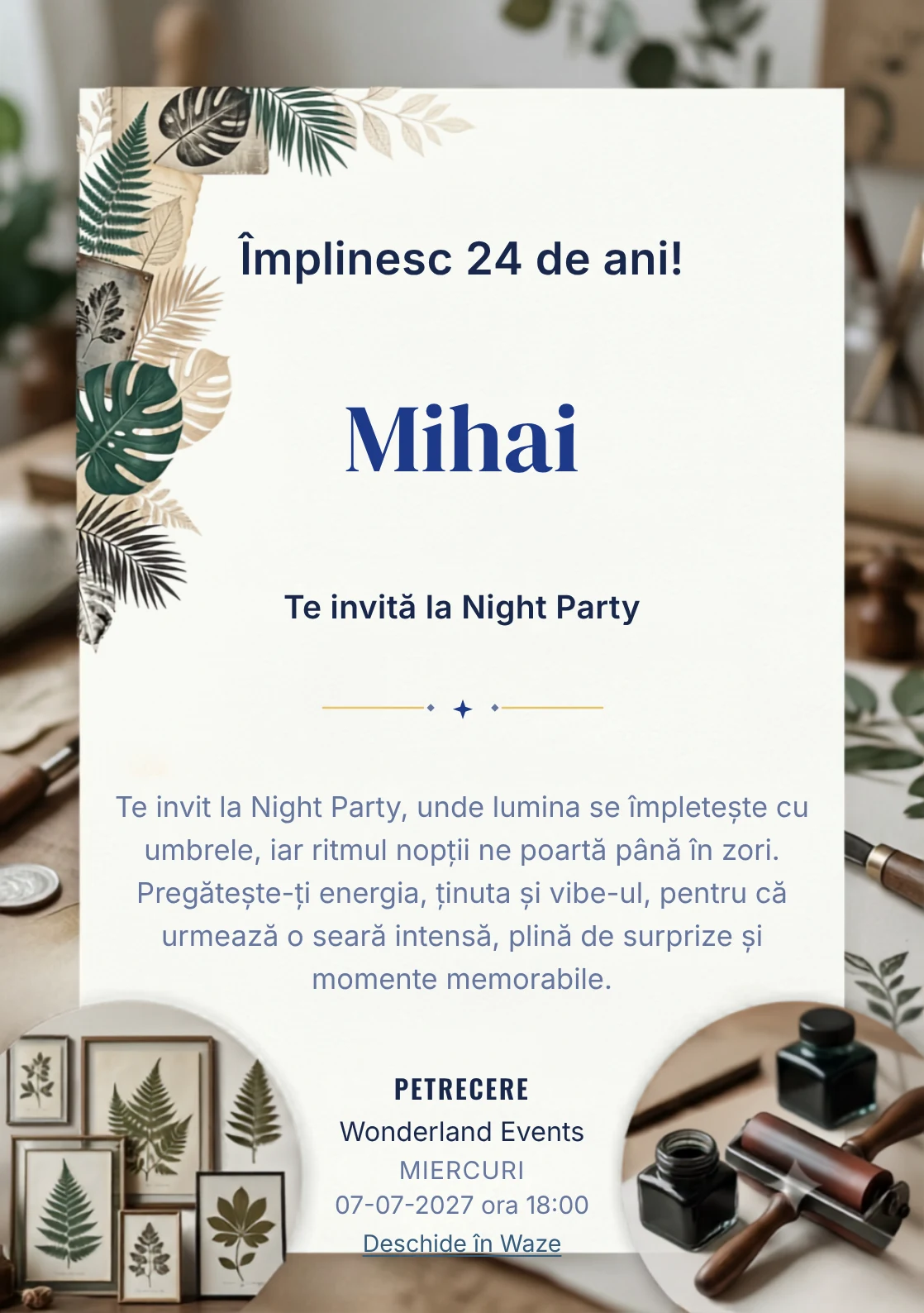Tipar Botanic este un model de invitații digitale pentru o aniversare adultă, definit vizual de frunze stilizate și texturi de presă.