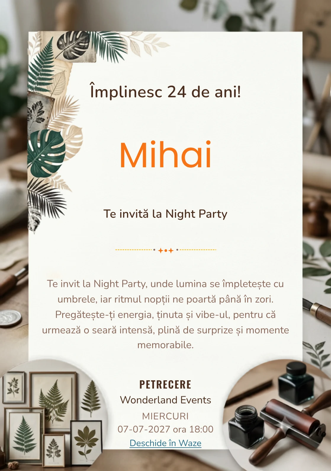 Tipar Botanic este un model de invitații digitale pentru o aniversare adultă, definit vizual de frunze stilizate și texturi de presă.